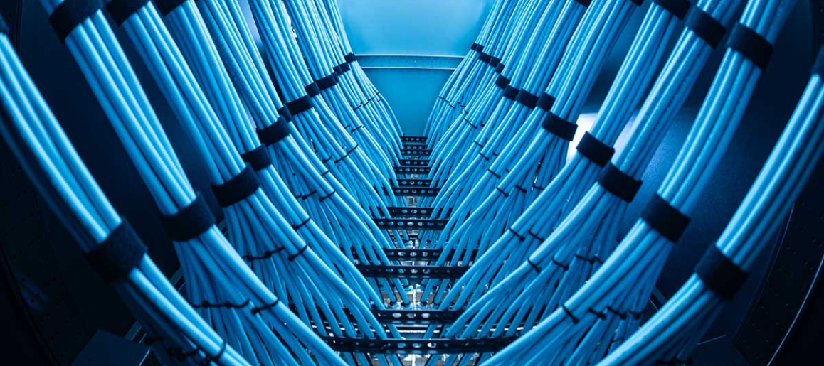 Neatly bundled blue Ethernet cables, secured with black ties, run in symmetrical rows toward network ports in a server rack, lit by cool blue overhead lights.