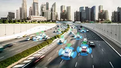Multi-lane highway curving through a modern city, with cars displaying digital sensor graphics for autonomous driving.