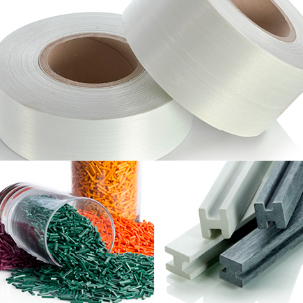Collage of three images: rolls of white fibrous tape, piles of colorful plastic pellets, and stacked white and gray H-shaped structural beams.