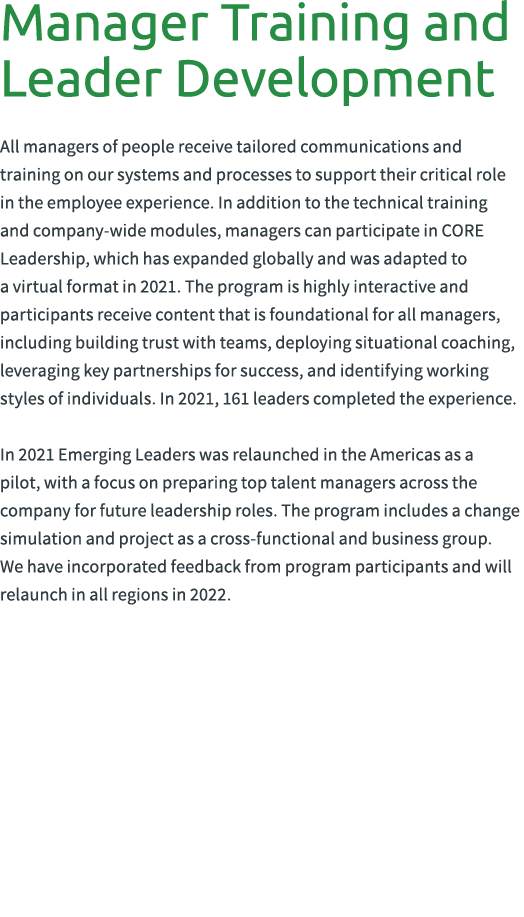 Manager Training and Leader Development All managers of people receive tailored communications and training on our sy...