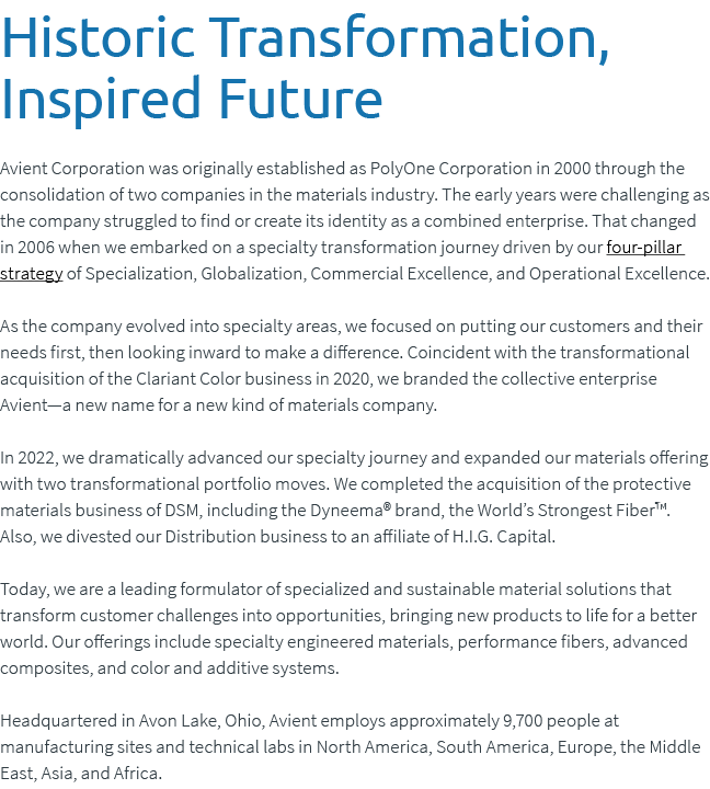 Historic Transformation, Inspired Future Avient Corporation was originally established as PolyOne Corporation in 200...